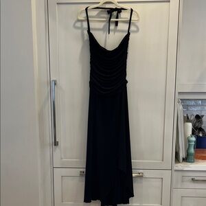 Elegant Linda Lundstrom pull on stretch ruched bodice Black Halter Maxi Dress